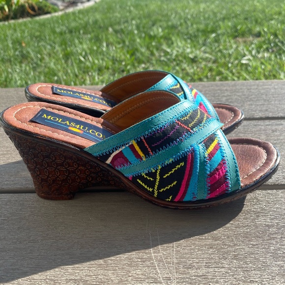 Handmade wooden heel, fabric wedges. Open toed. - Picture 3 of 4